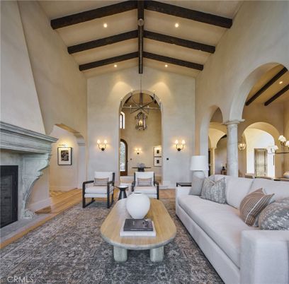 Fireplace, Interior, Living room, Pendant Lights, Recessed Lighting, Wooden Beams, Wood Texture Flooring