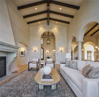 Fireplace, Interior, Living room, Pendant Lights, Recessed Lighting, Wooden Beams, Wood Texture Flooring