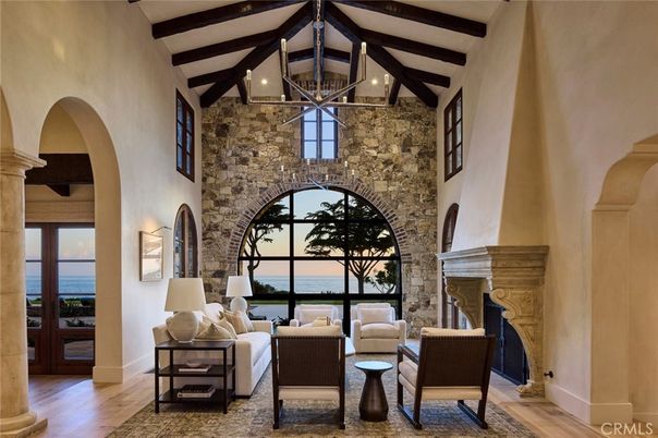 Fireplace, Interior, Living room, Stone Walls, Water, Wooden Beams, Wood Texture Flooring