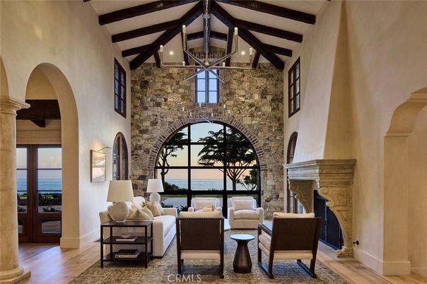 Fireplace, Interior, Living room, Stone Walls, Water, Wooden Beams, Wood Texture Flooring