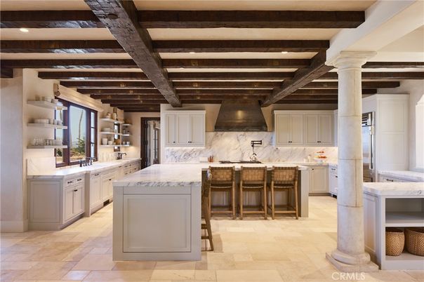 Interior, Kitchen, Marble Walls, Recessed Lighting, Stainless Steel Appliances, Wooden Beams