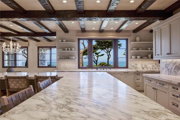 Chandelier, Dining room, Interior, Kitchen, Recessed Lighting, Water, Wooden Beams