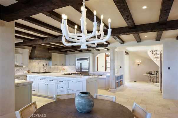 Chandelier, Interior, Kitchen, Recessed Lighting, Wooden Beams