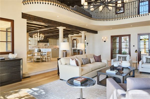 Chandelier, Dining room, Interior, Living room, Recessed Lighting, Wooden Beams, Wood Texture Flooring