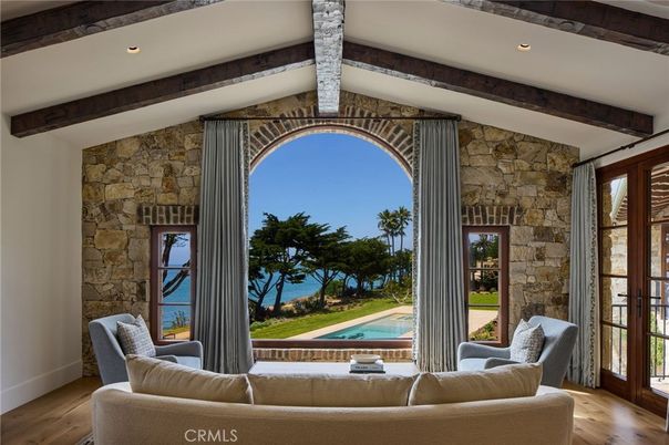 Interior, Living room, Recessed Lighting, Stone Walls, Water, Wooden Beams, Wood Texture Flooring