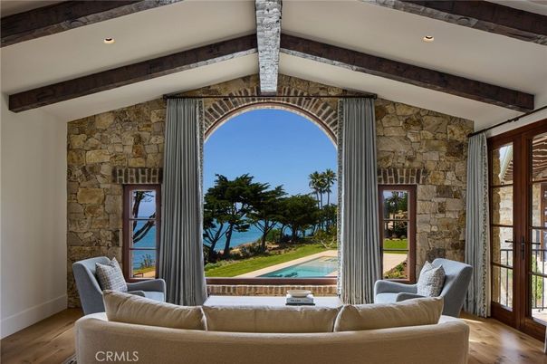 Interior, Living room, Recessed Lighting, Stone Walls, Water, Wooden Beams, Wood Texture Flooring