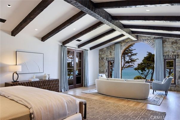 Bedroom, Interior, Recessed Lighting, Stone Walls, Water, Wooden Beams, Wood Texture Flooring