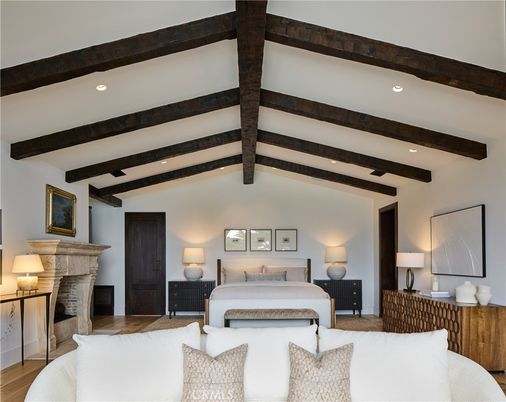 Bedroom, Fireplace, Interior, Living room, Recessed Lighting, Wooden Beams, Wood Texture Flooring