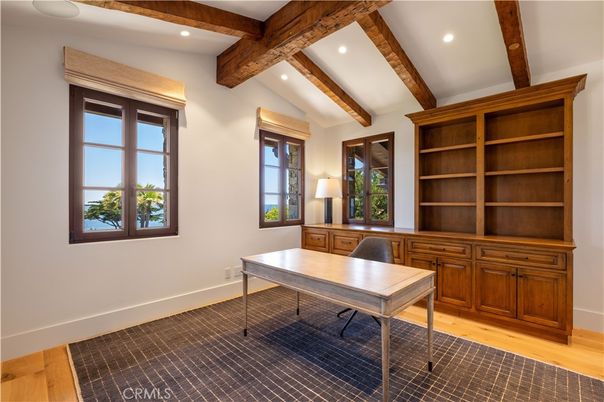Home Office, Interior, Recessed Lighting, Wooden Beams, Wood Texture Flooring