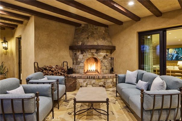 Fireplace, Interior, Living room, Recessed Lighting, Stone Walls, Wooden Beams