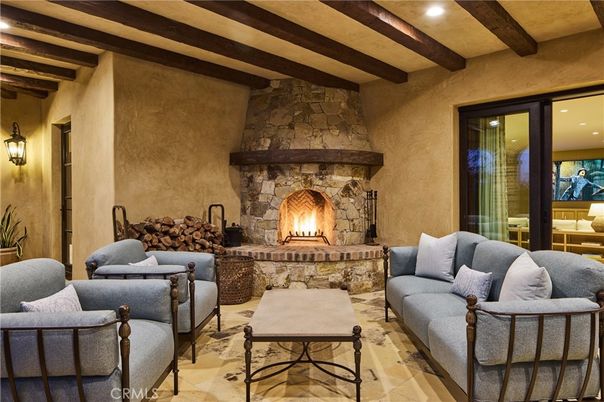 Fireplace, Interior, Living room, Recessed Lighting, Stone Walls, Wooden Beams