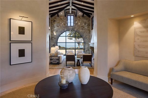 Fireplace, Interior, Living room, Recessed Lighting, Stone Walls, Wooden Beams, Wood Texture Flooring