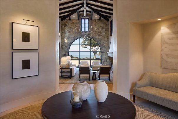 Fireplace, Interior, Living room, Recessed Lighting, Stone Walls, Water, Wooden Beams, Wood Texture Flooring