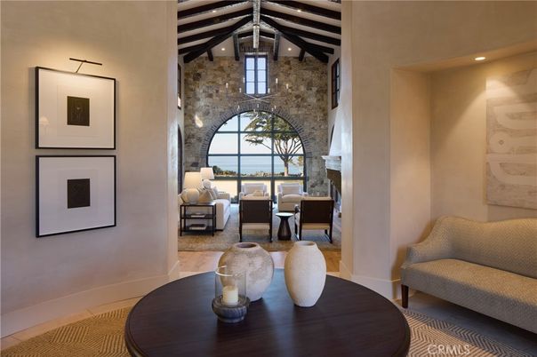 Fireplace, Interior, Living room, Recessed Lighting, Stone Walls, Water, Wooden Beams, Wood Texture Flooring