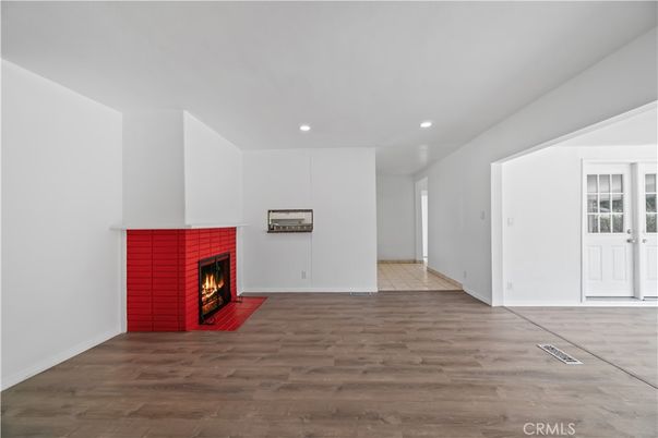 Empty room, Fireplace, Interior, Recessed Lighting, Wood Texture Flooring