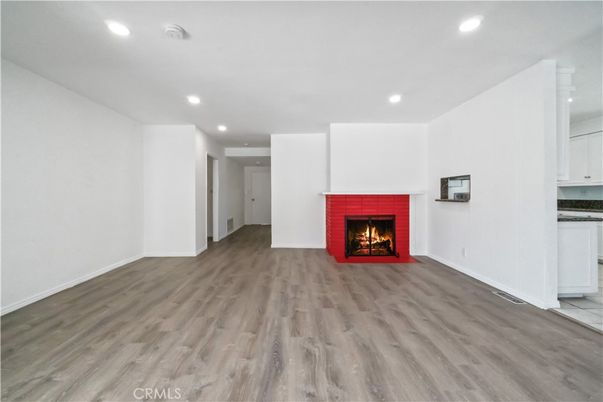 Empty room, Fireplace, Interior, Recessed Lighting, Wood Texture Flooring