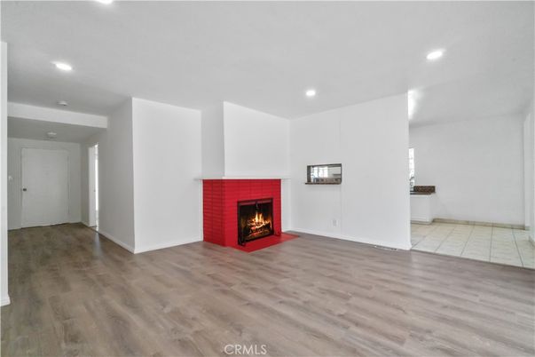 Empty room, Fireplace, Interior, Recessed Lighting, Wood Texture Flooring