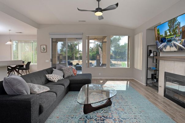 Dining room, Fireplace, Interior, Living room, Pendant Lights, Wood Texture Flooring