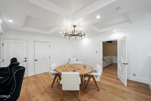 Dining room, Interior, Pendant Lights, Recessed Lighting, Wood Texture Flooring