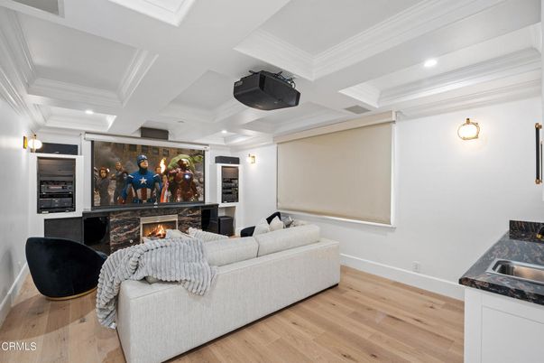 Fireplace, Interior, Living room, Recessed Lighting, Wood Texture Flooring