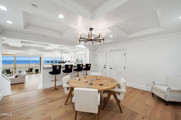 Dining room, Interior, Living room, Pendant Lights, Recessed Lighting, Water, Wood Texture Flooring