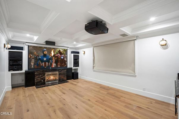 Empty room, Fireplace, Interior, Recessed Lighting, Wood Texture Flooring
