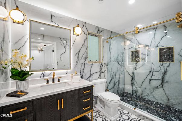 Bathroom, Glass Shower, Interior, Marble Walls, Recessed Lighting