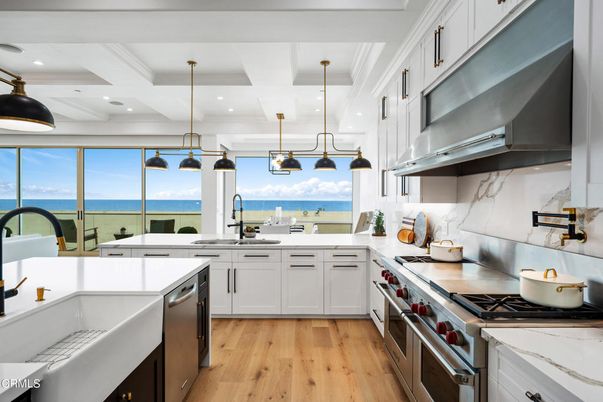 Interior, Kitchen, Pendant Lights, Recessed Lighting, Stainless Steel Appliances, Water, Wood Texture Flooring