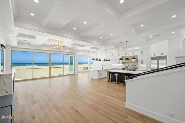 Interior, Kitchen, Pendant Lights, Recessed Lighting, Stainless Steel Appliances, Water, Wood Texture Flooring