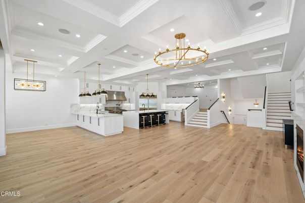 Chandelier, Interior, Kitchen, Pendant Lights, Recessed Lighting, Wood Texture Flooring