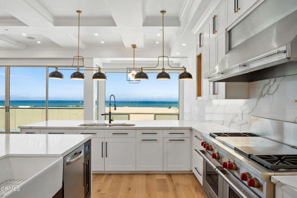 Interior, Kitchen, Pendant Lights, Recessed Lighting, Stainless Steel Appliances, Water, Wood Texture Flooring