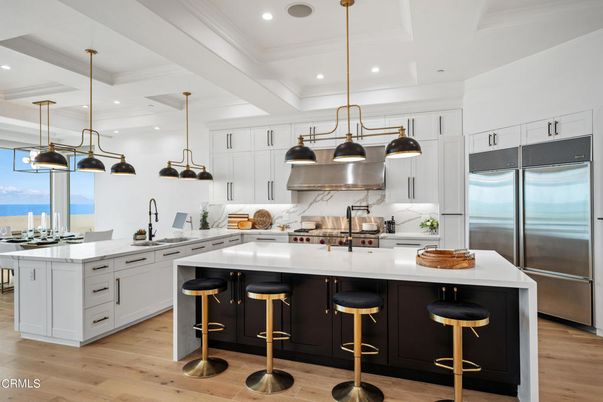 Interior, Kitchen, Pendant Lights, Recessed Lighting, Stainless Steel Appliances, Water, Wood Texture Flooring