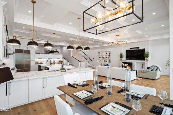 Fireplace, Interior, Kitchen, Living room, Pendant Lights, Recessed Lighting, Stainless Steel Appliances, Wood Texture Flooring