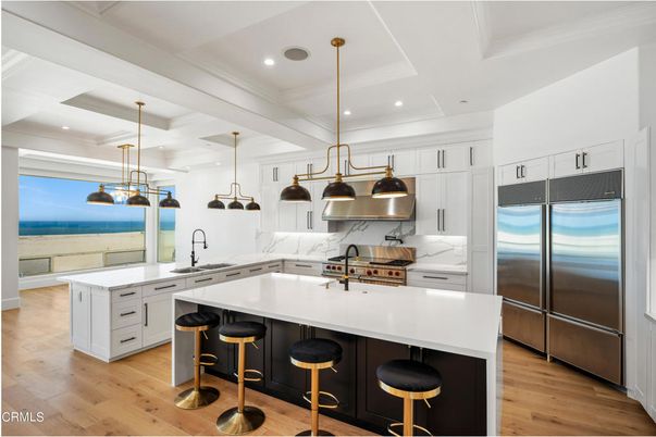 Interior, Kitchen, Pendant Lights, Recessed Lighting, Stainless Steel Appliances, Water, Wood Texture Flooring
