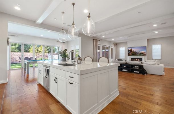 Dining room, Fireplace, Interior, Kitchen, Living room, Pendant Lights, Recessed Lighting, Wood Texture Flooring