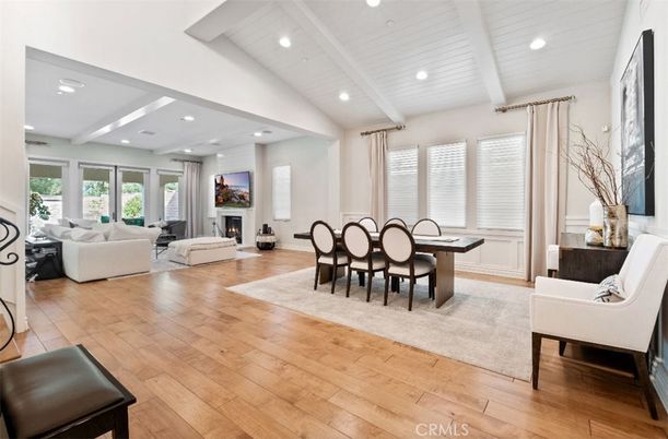 Dining room, Fireplace, Interior, Living room, Recessed Lighting, Wood Texture Flooring