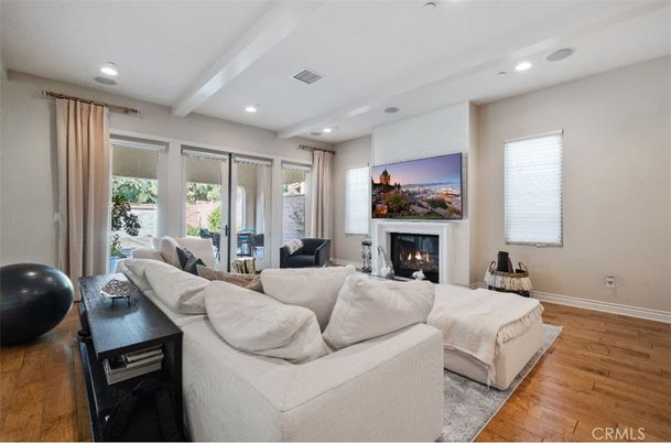 Fireplace, Interior, Living room, Recessed Lighting, Wood Texture Flooring