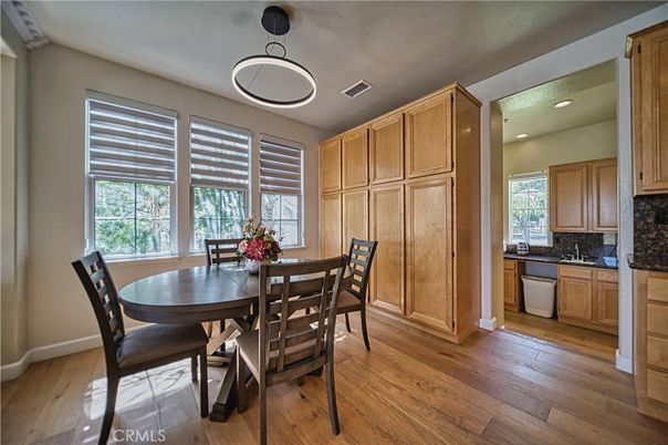 Dining room, Interior, Pendant Lights, Recessed Lighting, Wood Texture Flooring