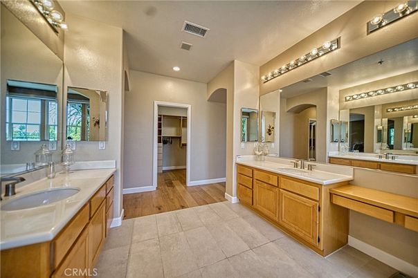 Bathroom, Dual Sink Vanities, Interior, Recessed Lighting, Wood Texture Flooring