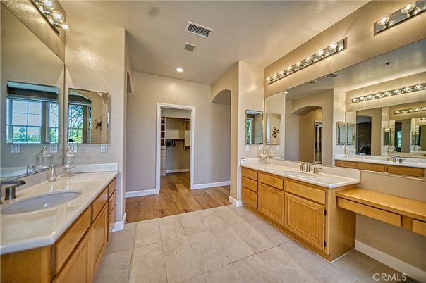 Bathroom, Dual Sink Vanities, Interior, Recessed Lighting, Wood Texture Flooring