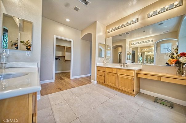 Bathroom, Dual Sink Vanities, Interior, Recessed Lighting, Wood Texture Flooring