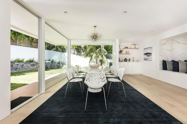 Dining room, Fireplace, Interior, Pendant Lights, Recessed Lighting, Wood Texture Flooring