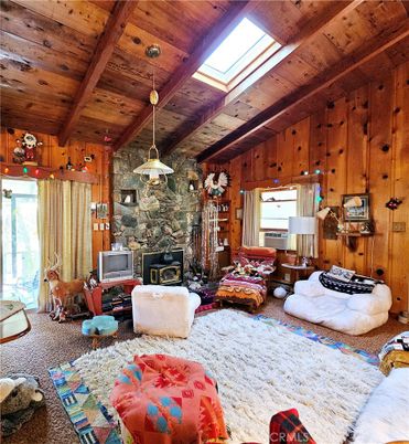 Fireplace, Interior, Living room, Pendant Lights, Stone Walls, Wooden Beams, Wooden Ceilings, Wooden Walls