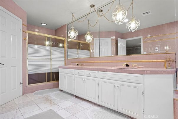 Bathroom, Dual Sink Vanities, Glass Shower, Interior, Pendant Lights, Recessed Lighting, Tile Countertops
