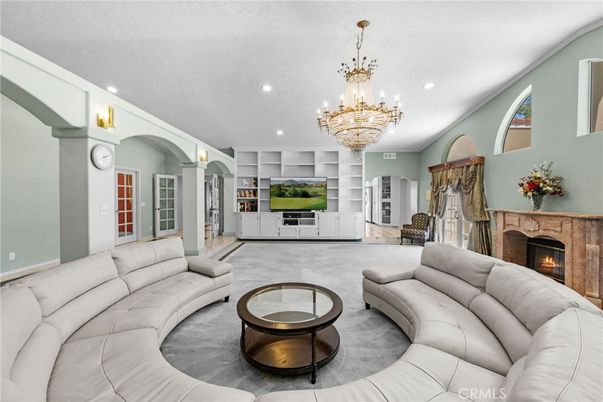 Chandelier, Fireplace, Interior, Living room, Recessed Lighting