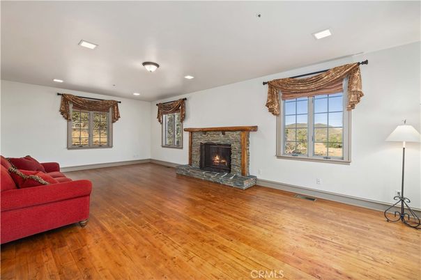 Empty room, Fireplace, Interior, Recessed Lighting, Wood Texture Flooring