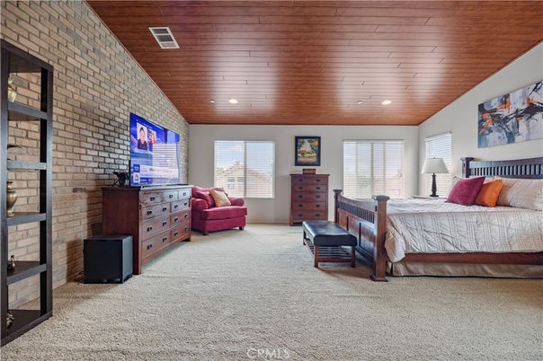 Bedroom, Interior, Recessed Lighting, Stone Walls, Wooden Ceilings