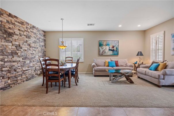 Dining room, Interior, Living room, Pendant Lights, Recessed Lighting, Stone Walls