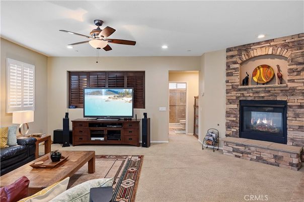 Fireplace, Interior, Living room, Recessed Lighting, Stone Walls