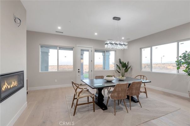 Chandelier, Dining room, Fireplace, Interior, Pendant Lights, Recessed Lighting, Wood Texture Flooring